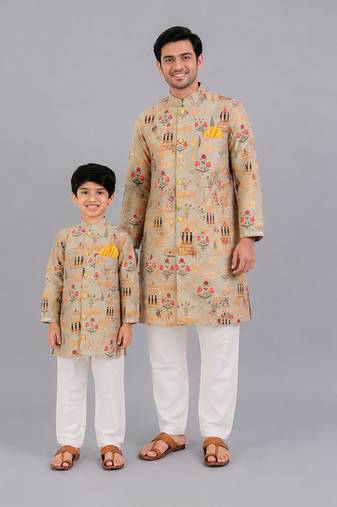 Beige printed cotton silk father son kurta combo set