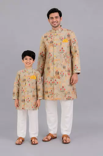 Beige printed cotton silk father son kurta combo set