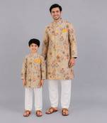 Beige printed cotton silk father son kurta combo set