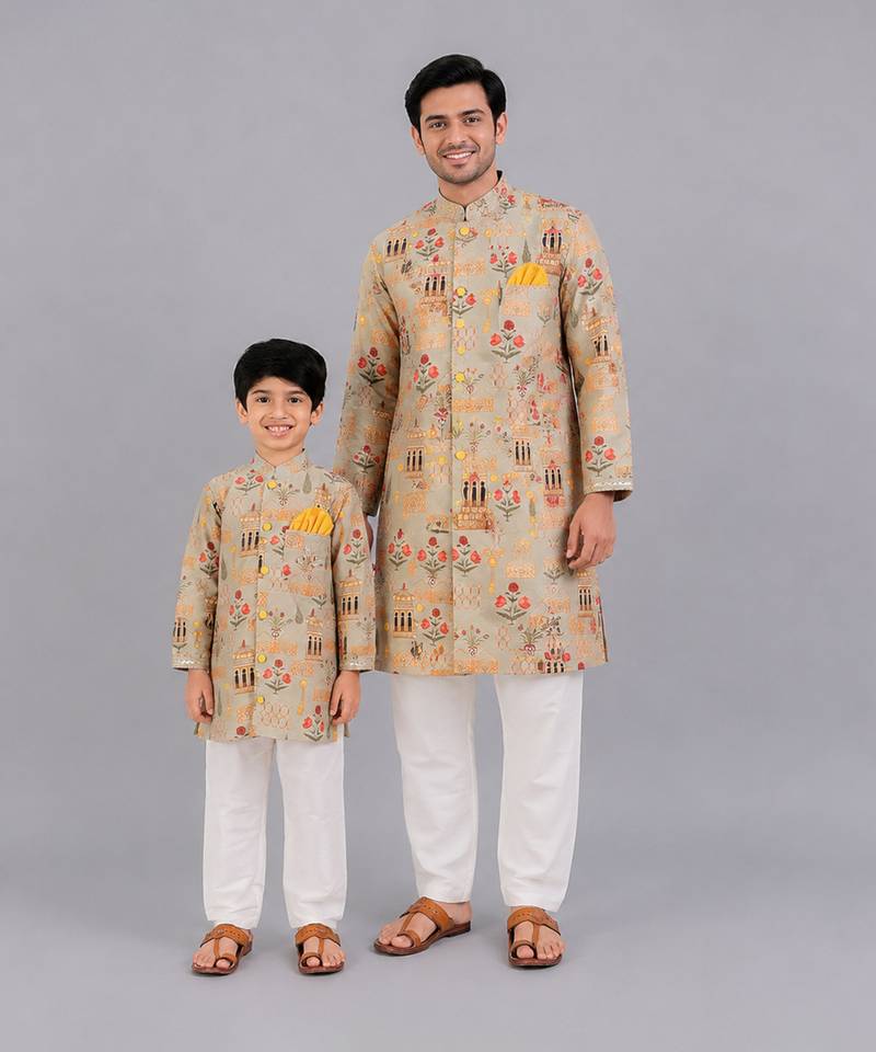 Beige printed cotton silk father son kurta combo set