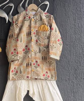 Beige printed cotton silk father son kurta combo set 2