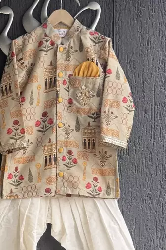 Beige printed cotton silk father son kurta combo set