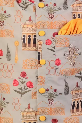Beige printed cotton silk father son kurta combo set