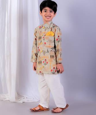 Beige printed cotton silk father son kurta combo set 4