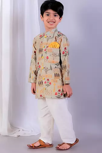 Beige printed cotton silk father son kurta combo set