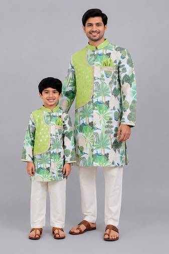 Sage green printed cotton silk father son kurta combo set