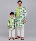 Sage green printed cotton silk father son kurta combo set