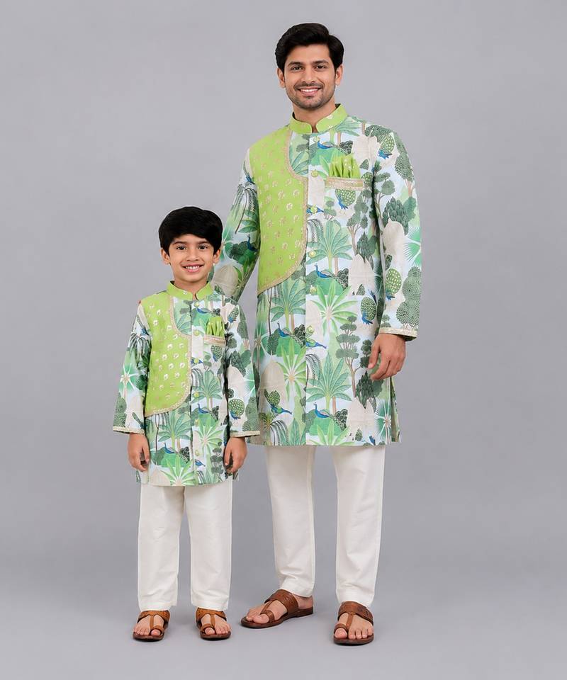 Sage green printed cotton silk father son kurta combo set