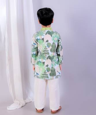 Sage green printed cotton silk father son kurta combo set 2