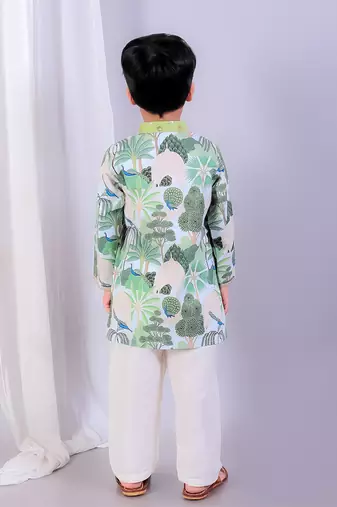 Sage green printed cotton silk father son kurta combo set