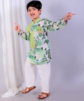 Sage green printed cotton silk father son kurta combo set 3