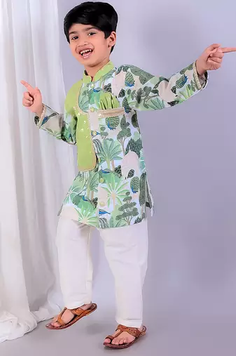 Sage green printed cotton silk father son kurta combo set