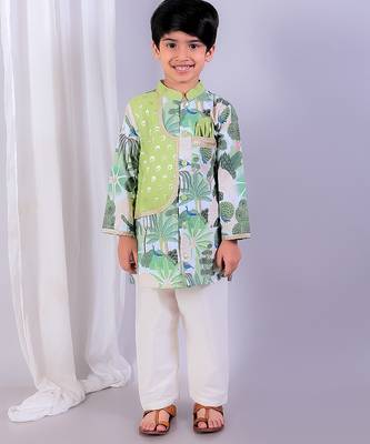 Sage green printed cotton silk father son kurta combo set 4