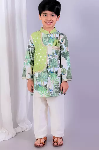 Sage green printed cotton silk father son kurta combo set