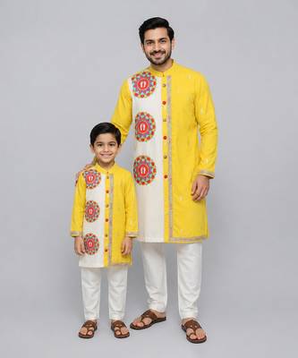 Mustard yellow white printed cotton father son kurta combo set 1