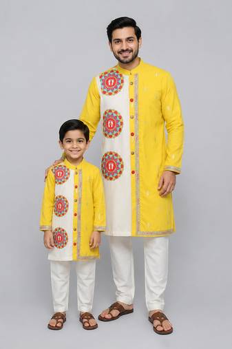 Mustard yellow white printed cotton father son kurta combo set