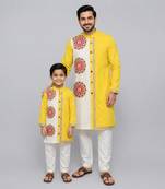 Mustard yellow white printed cotton father son kurta combo set