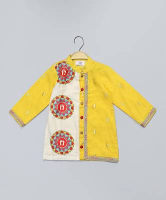 Mustard yellow white printed cotton father son kurta combo set 2