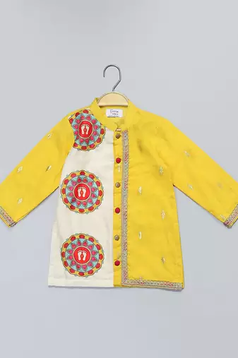 Mustard yellow white printed cotton father son kurta combo set