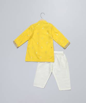 Mustard yellow white printed cotton father son kurta combo set 3