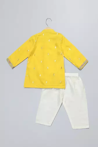 Mustard yellow white printed cotton father son kurta combo set