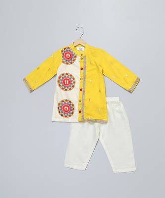 Mustard yellow white printed cotton father son kurta combo set 4