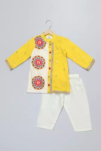 Mustard yellow white printed cotton father son kurta combo set