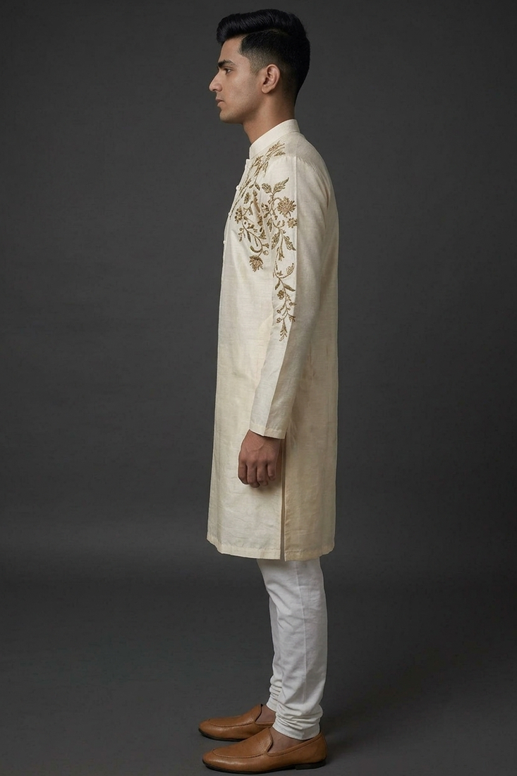 Cream silk kurta set for men's