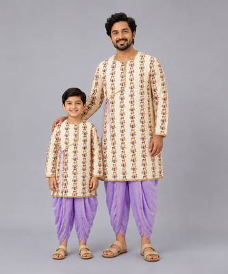Off white printed cotton silk purple father son kurta dhoti combo set 1