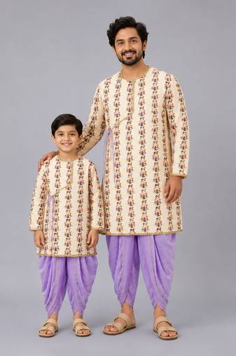 Off white printed cotton silk purple father son kurta dhoti combo set