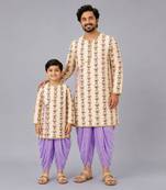 Off white printed cotton silk purple father son kurta dhoti combo set