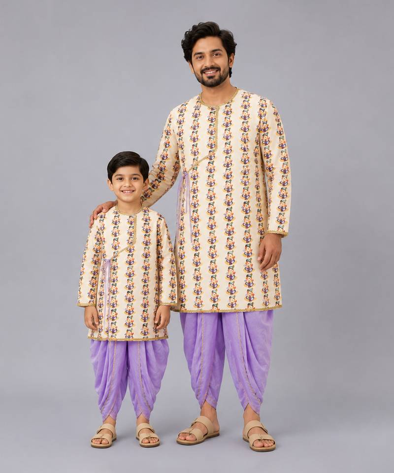 Off white printed cotton silk purple father son kurta dhoti combo set