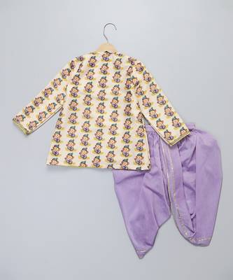 Off white printed cotton silk purple father son kurta dhoti combo set 2