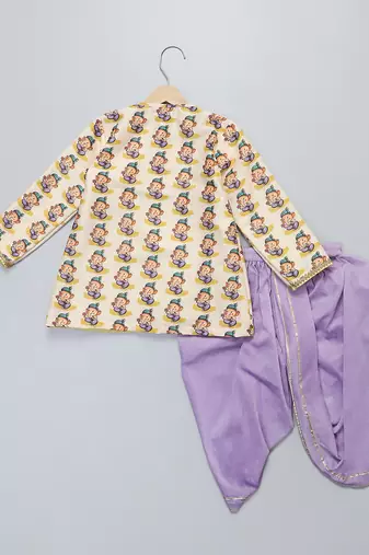 Off white printed cotton silk purple father son kurta dhoti combo set