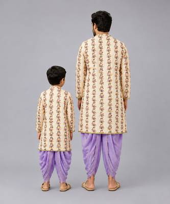 Off white printed cotton silk purple father son kurta dhoti combo set 3