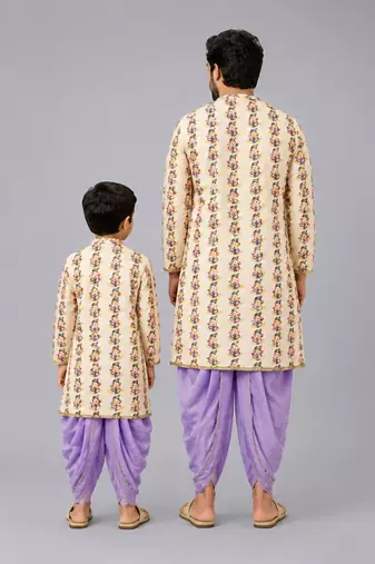 Off white printed cotton silk purple father son kurta dhoti combo set