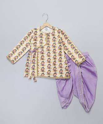 Off white printed cotton silk purple father son kurta dhoti combo set 4