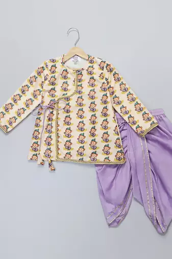 Off white printed cotton silk purple father son kurta dhoti combo set