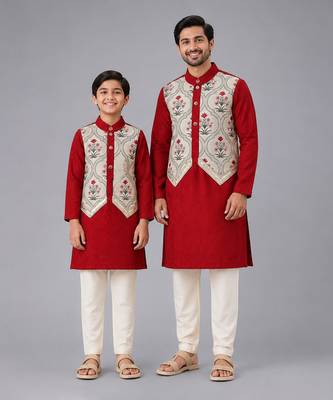 Maroon printed cotton silk father son kurta combo set 1