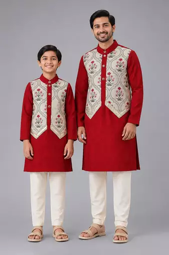 Maroon printed cotton silk father son kurta combo set