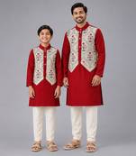 Maroon printed cotton silk father son kurta combo set