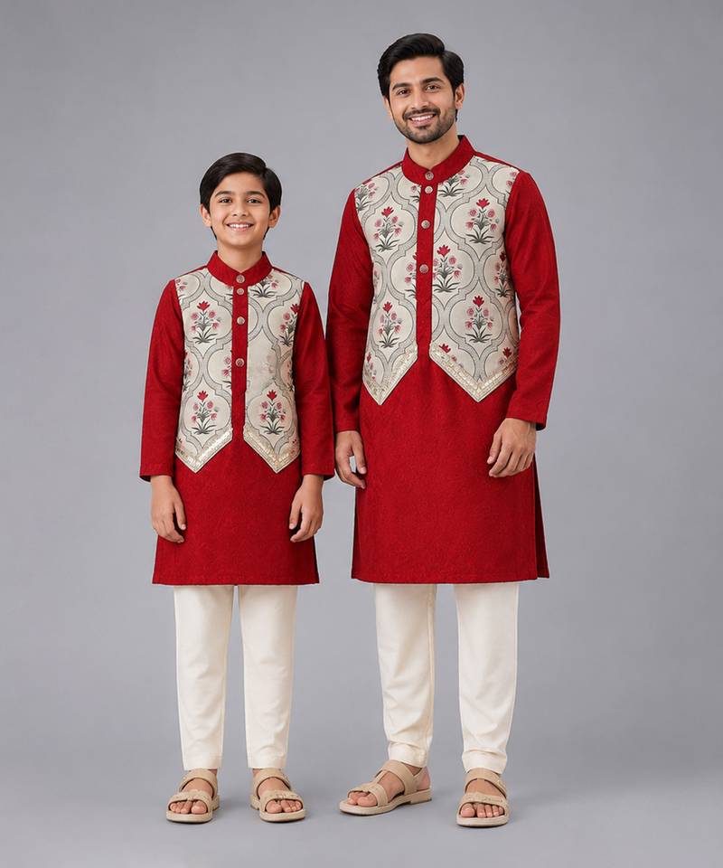 Maroon printed cotton silk father son kurta combo set