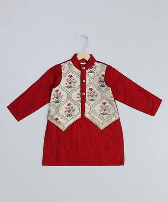Maroon printed cotton silk father son kurta combo set 2