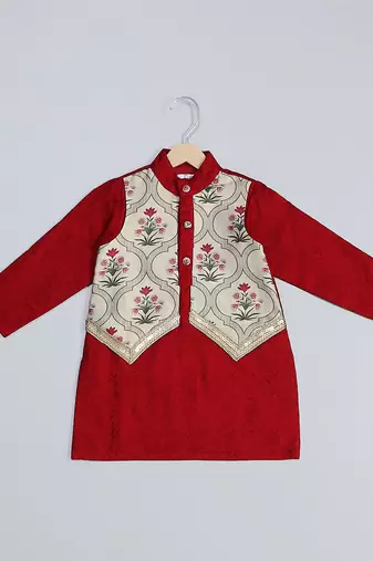 Maroon printed cotton silk father son kurta combo set