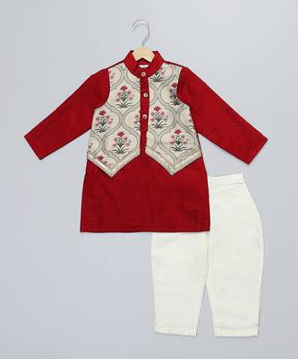 Maroon printed cotton silk father son kurta combo set 4