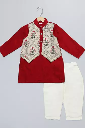 Maroon printed cotton silk father son kurta combo set