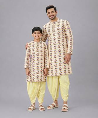 Off white printed cotton silk yellow father son dhoti kurta combo set 1
