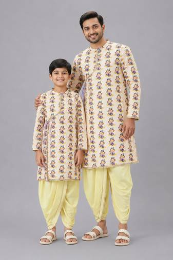 Off white printed cotton silk yellow father son dhoti kurta combo set