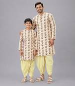 Off white printed cotton silk yellow father son dhoti kurta combo set
