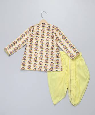 Off white printed cotton silk yellow father son dhoti kurta combo set 3
